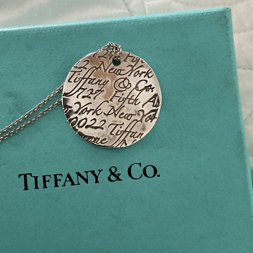 Tiffany & Co. Engraved Silver Disc Necklace Fifth Ave. Note